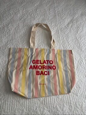 Sezane Gelato Amorino Baci Striped Canvas Tote Bag Pastel